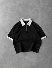 Back Print Zip Polo Shirt – Drop Shoulder Fine Terry Oversized T-Shirt